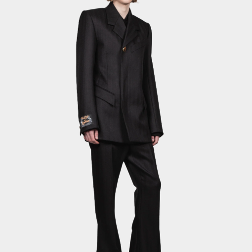 골든 버튼 핏 스트라이프 재킷 - 블랙 테일러링 울 AW25 BL 002 A
